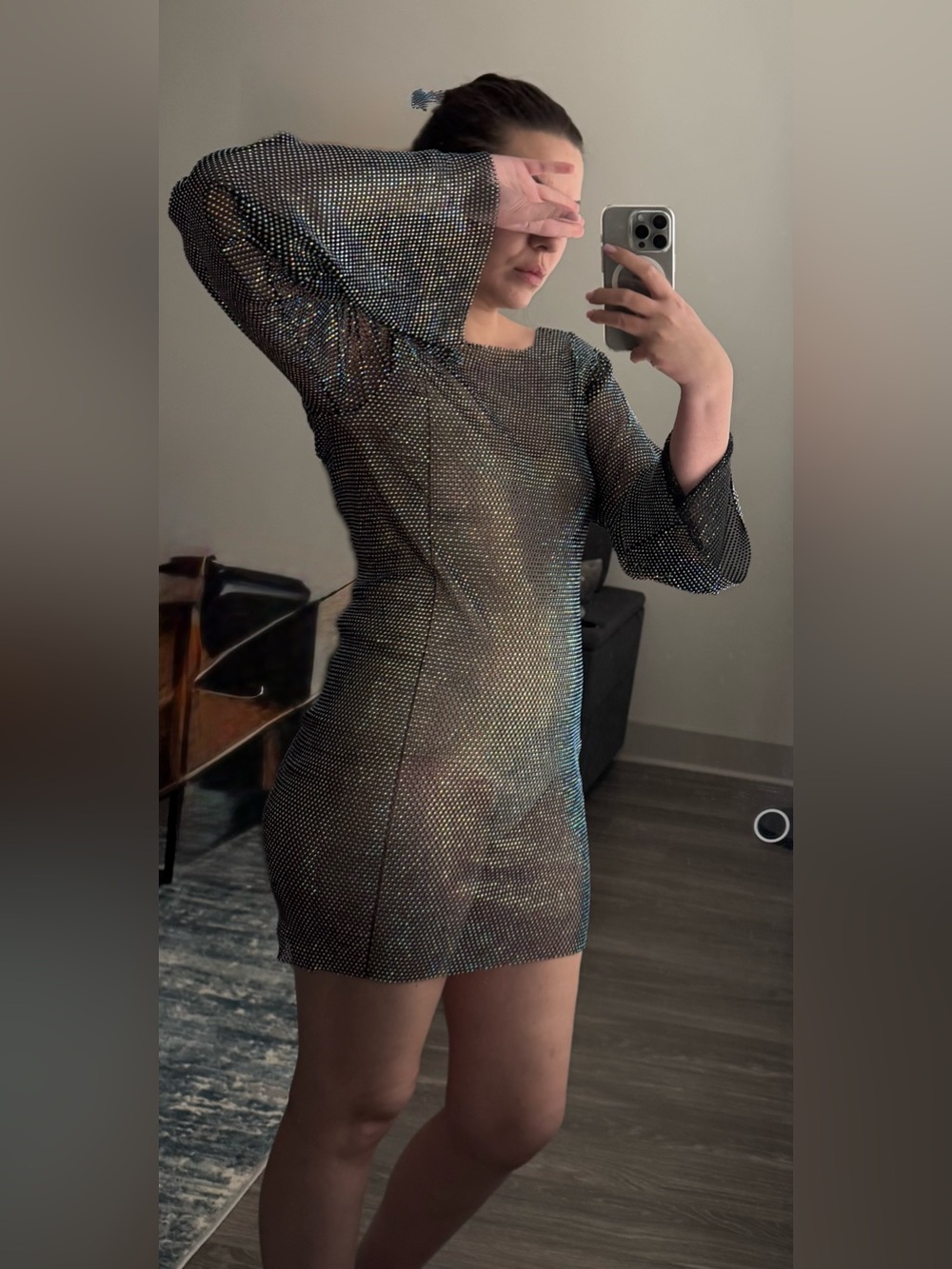 AKIRA Black Rhinestone Sheer Mesh Long Sleeve Mini Dress S/M
